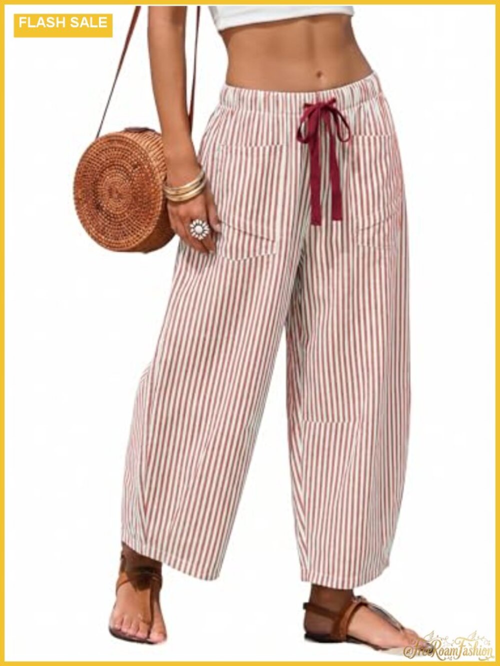 Striped Wide Leg Barrel Pants with Pockets Casual Summer Lounge Trousers